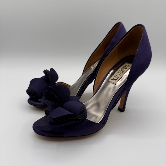 Badgley Mischka Randall D’Orsay Satin Dark Purple Heels With Layered Bow - Picture 13 of 16